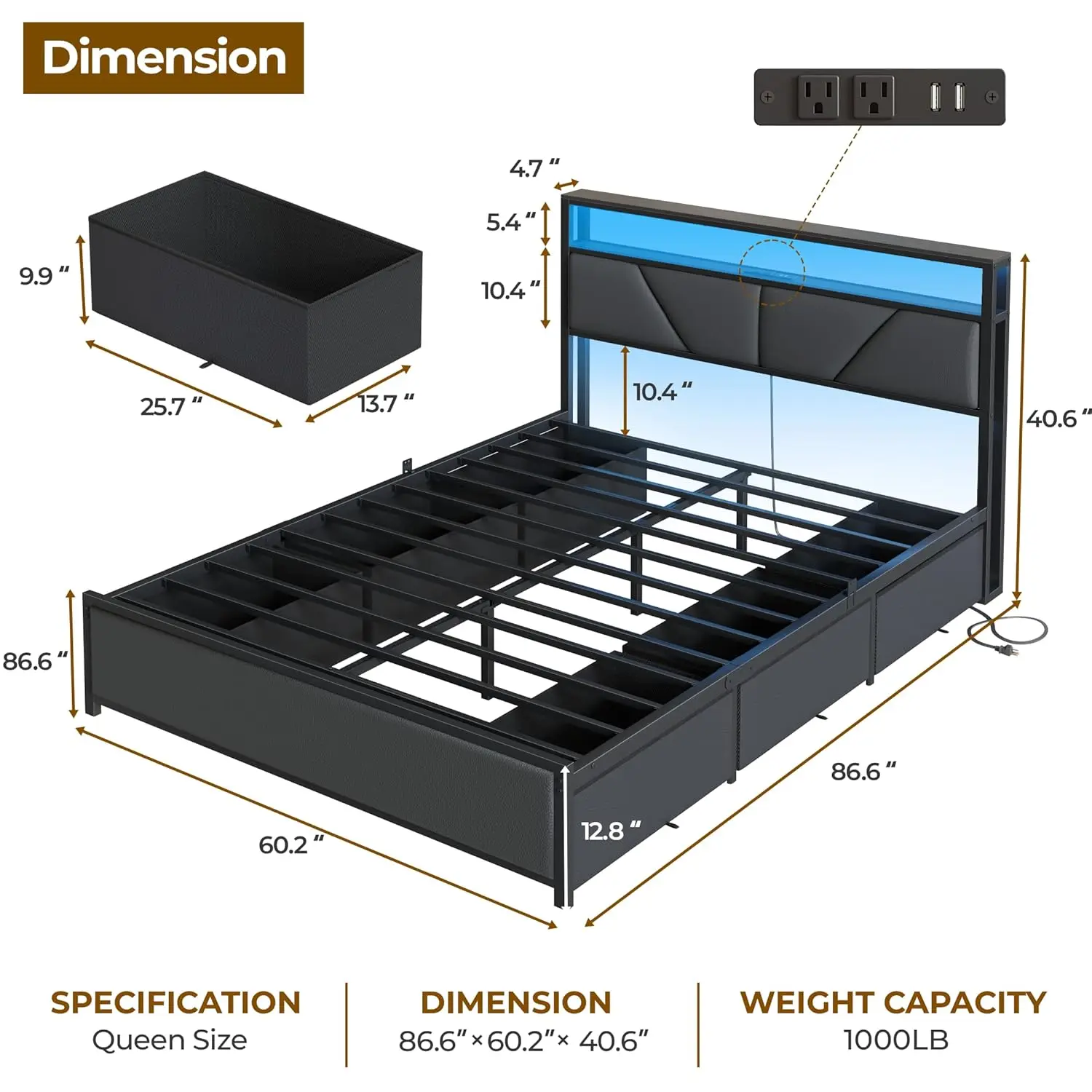 Queen Bed Frame with Storage Headboard and 6 Drawers, Metal Platform Bed Frame Queen Size with Charging Station and, Customized - view 2