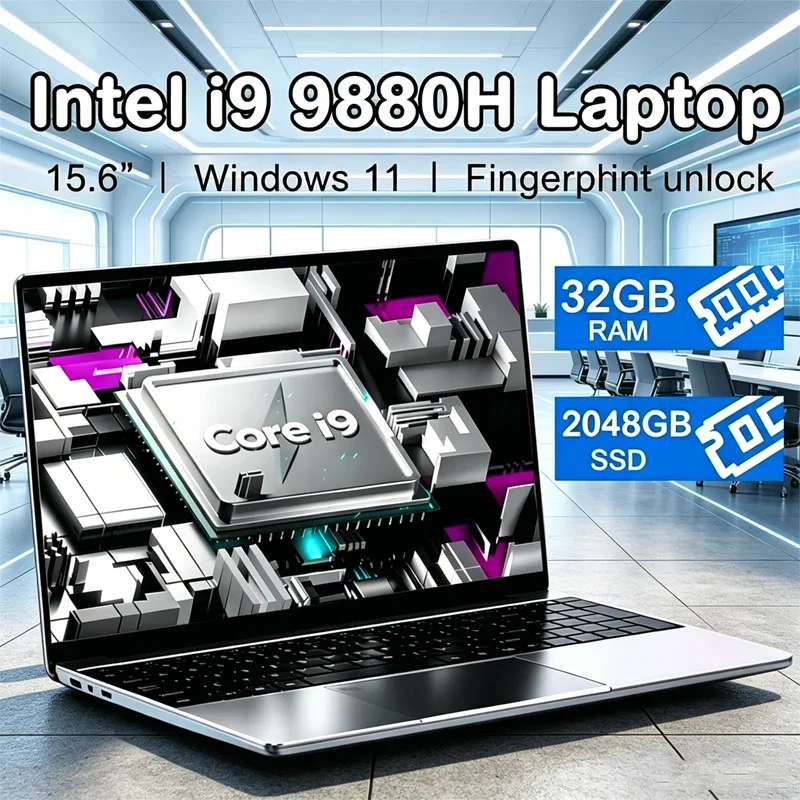 Прочный и мощный 15,6-дюймовый портативный ноутбук I9-9880H с Windows 11, 32 ГБ DDR4, 2 ТБ SSD, для игр и офисной работы