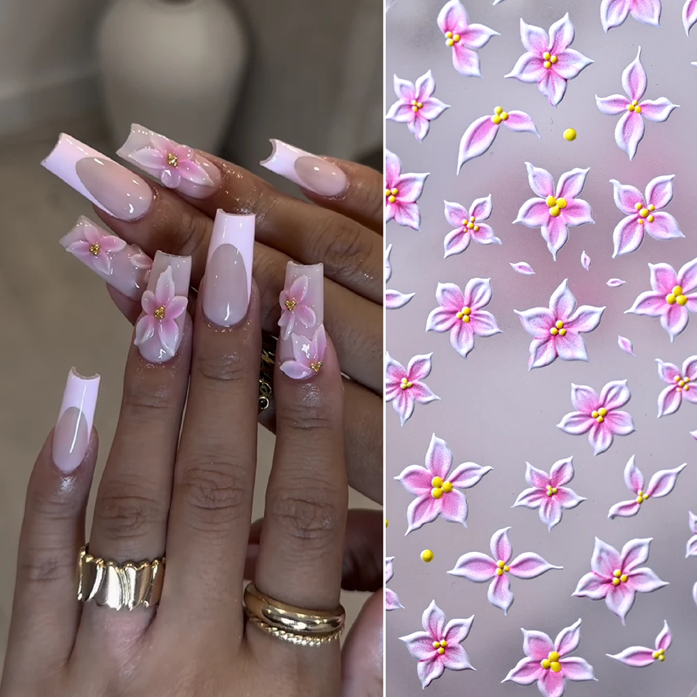 1Pcs 5D Embossed Pink Ombre Acrylic Lily Flower Nail Sticker Charming Frangipani Hibiscus Nail Decals Five-Petaled Manicure Deco