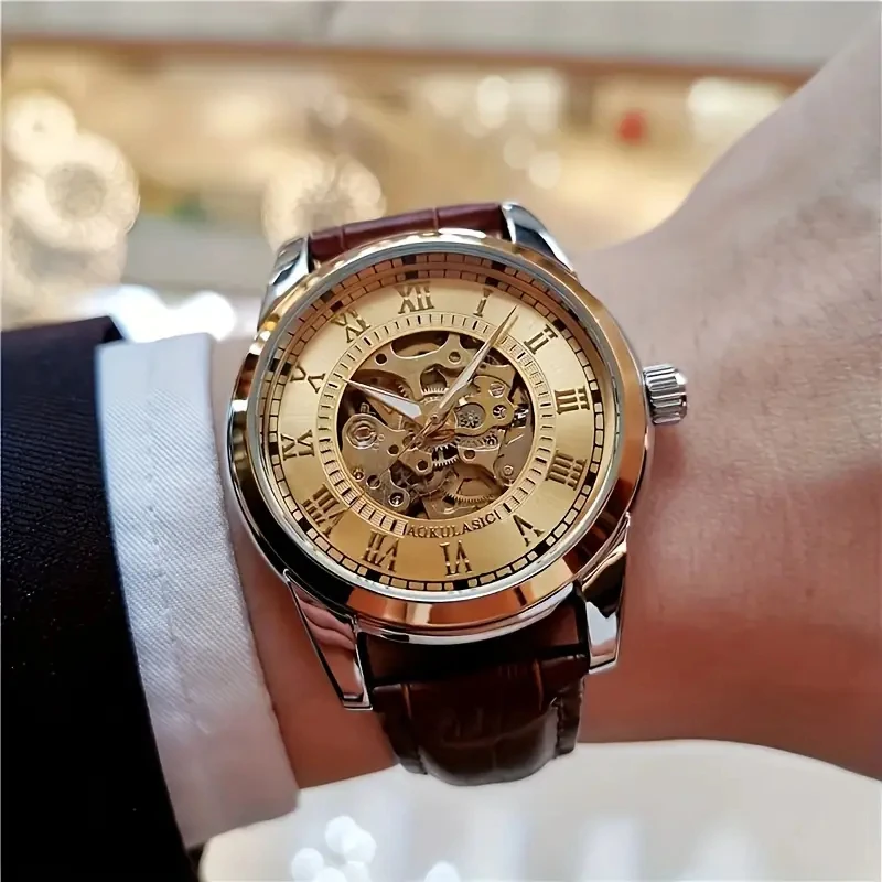 Elegante reloj mecánico automático para hombre con esqueleto - Correa de cuero, esfera con números romanos, movimiento automático, ideal para ropa de negocios y casual, hombres jóvenes, reloj informal de negocios para hombres |   Diseño hueco del reloj esqueleto |   Relojes duraderos, accesorios para relojes, sin baterías