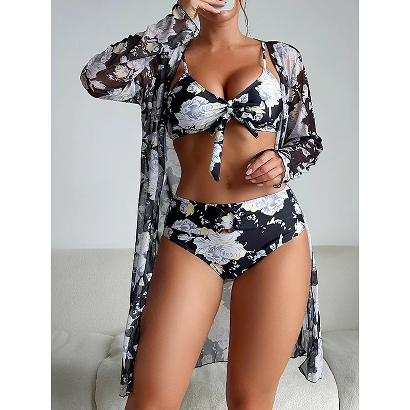 

Dressfo Women's Tropical Leaf Print Bowknot O Ring Decor Bikini Sets Cover Up Swimsuits 3 Piece Swimwear