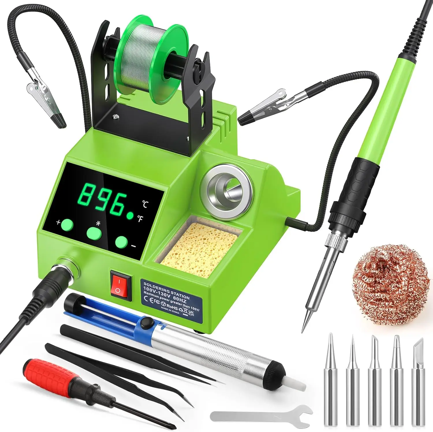 

100W Digital Soldering Station Kit with 2 Helping Hands, 356°F-896°F, Auto Sleep, °C/°F, Solder Wire, Tips, Stand, Pump