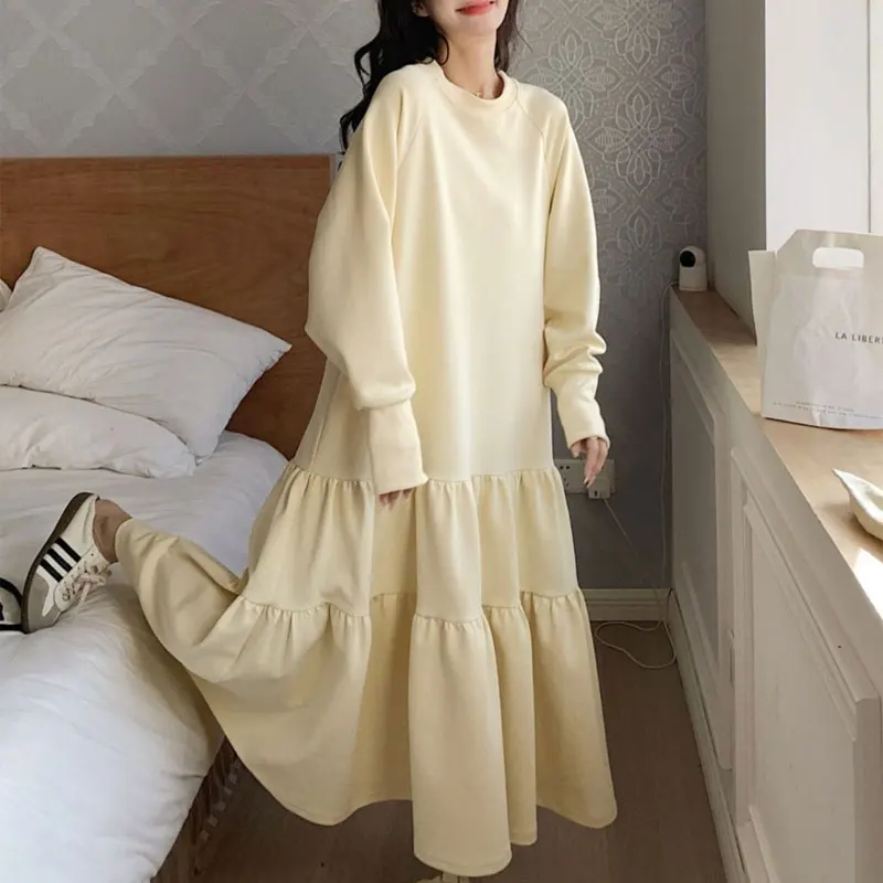 

Casual Long Sleeve Long Dress Female Clothing Solid Color Loose Spring Autumn Stylish Patchwork Ruffles Korean A-Line Dresses