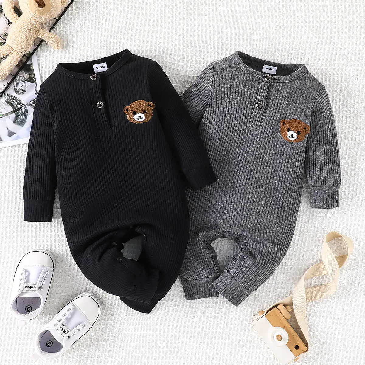 Boys Girls Newborn Jumpsuit Clothes Infant Fashion Embroidery Bear Bodysuit Autumn Casual Romper Spring  Outwear 0-6-9-12-18M