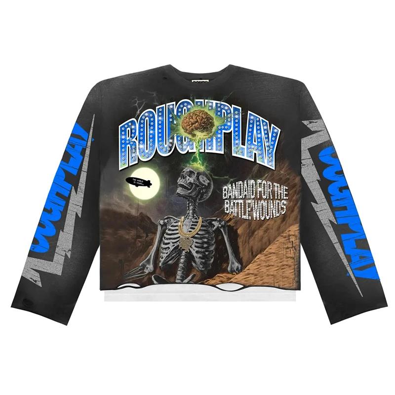 

Rough Play Skull Shock Long Sleeve T-shirts Street Retro Washed Cotton Tops Men's Rock Hip Hop Style ROUGHPLAY T-shirts
