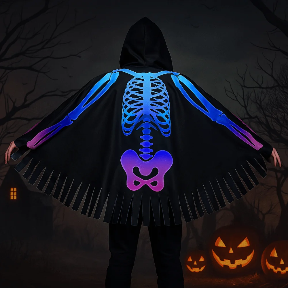 Casual Cloth Skeleton Cape Goth Hooded Halloween Props Make Up Performance Skull Bones Cloak Club