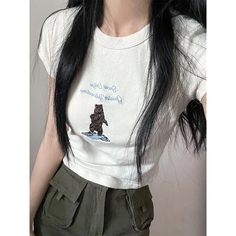 Reine Baumwolle ort Sve besticktes T-Shirt Damen Sommer Slim Fit Sli Weiß Oulder Länge Trendy Top Ins Sle