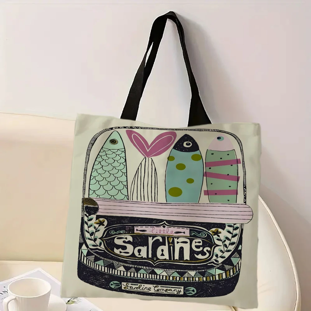 Popular Animal Retro Sardine Pattern Shoulder Bag Cool Printed Eco Linen Large Capacity Casual Shopping Traveling Handbag 6.11