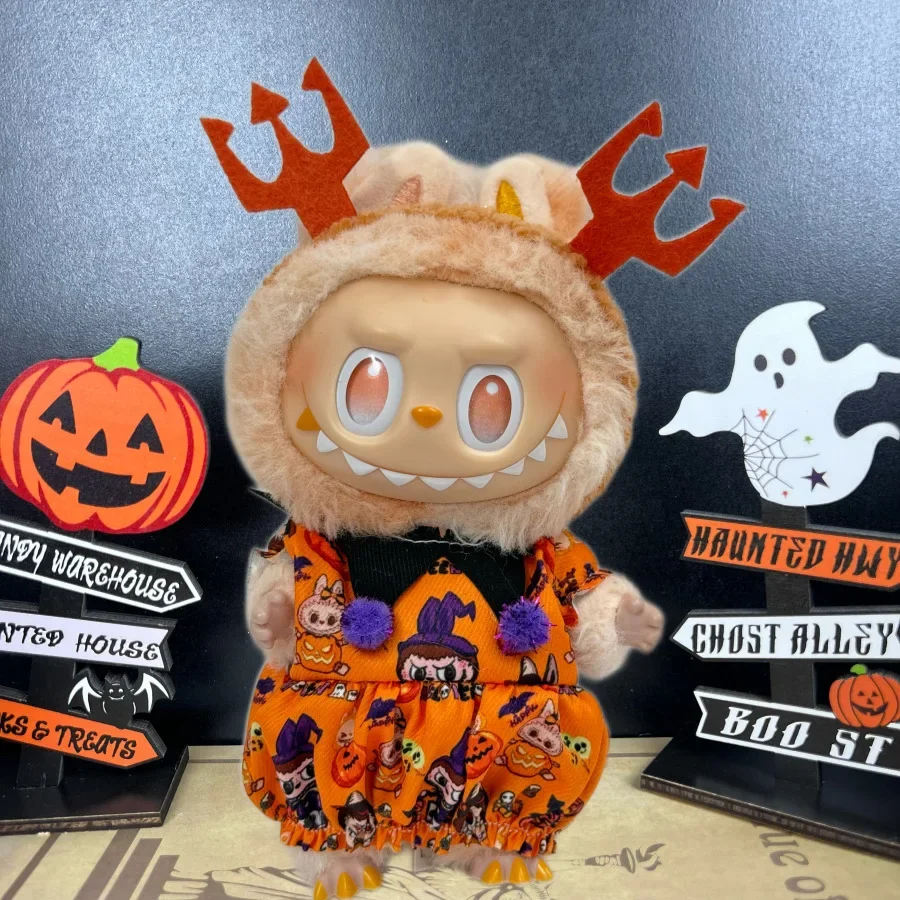 Halloween Teufel Umhang Lila Hexe Kleidung für Labubu I mit Halloween Kürbis Umhang Hut Anzug für Ladbubu Puppen Zubehör