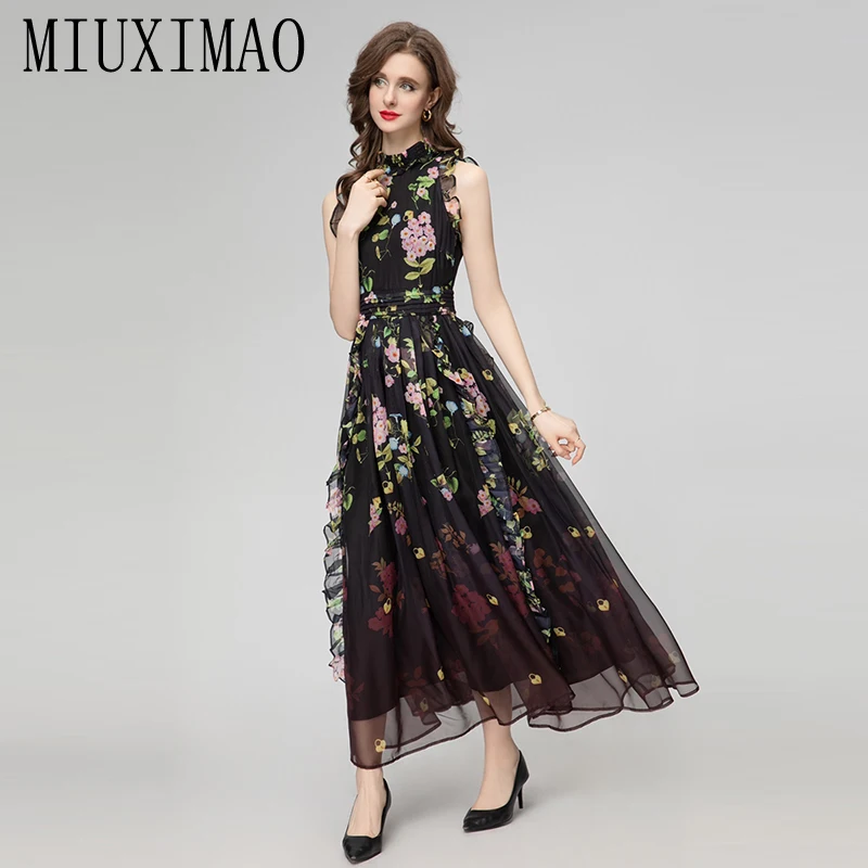 

MIUXIMAO 2025 Fashion Maxi Dress Pink yellow Flower Print Sleeveless Ruffles Long Dress Black Floor-length Dress Women