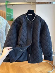 Round Neck Diamond Plaid Cotton Coat Women's Winter 2023 New Cotton Jacket Thickened Casual Padded Jacket