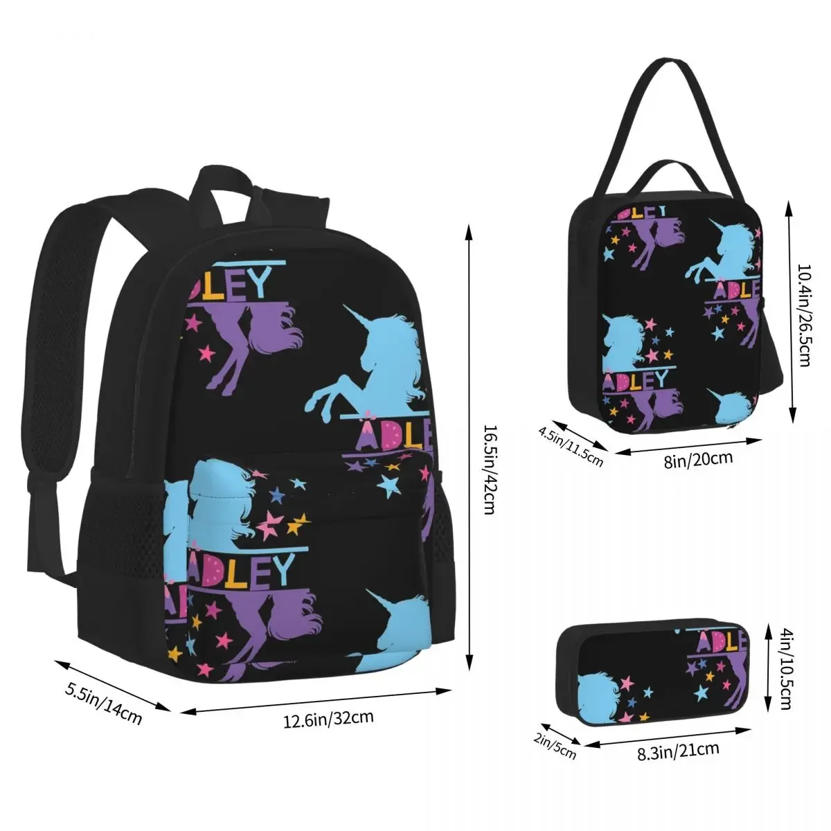 Adley Unicorns Mochilas para crianças, Mochilas escolares para meninos e meninas, Bookbag para crianças, Mochila dos desenhos animados, Lunch Bag, Pen Set, 3 pcs