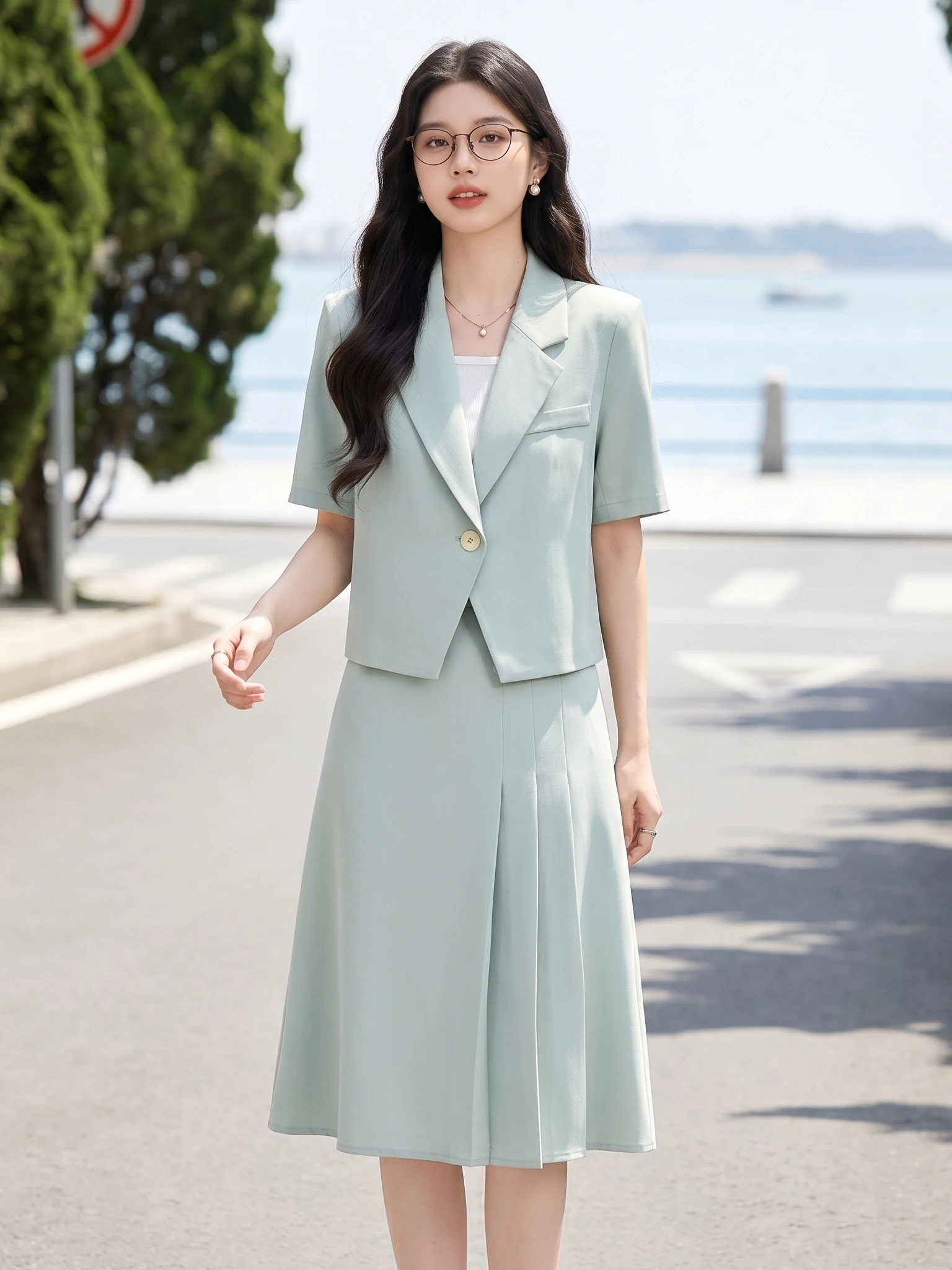  Anti-Aging Thin Suit Set for Women Summer New Style Office Work Interview Outfit Polyester Fabric Short Sleeve Straight...