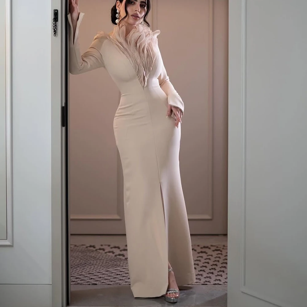 

Women's A-line Evening Dresses Floor-length High-neck Full Sleeve Prom Gown Fashion Ruched Simple Draped Casual Customized Gowns