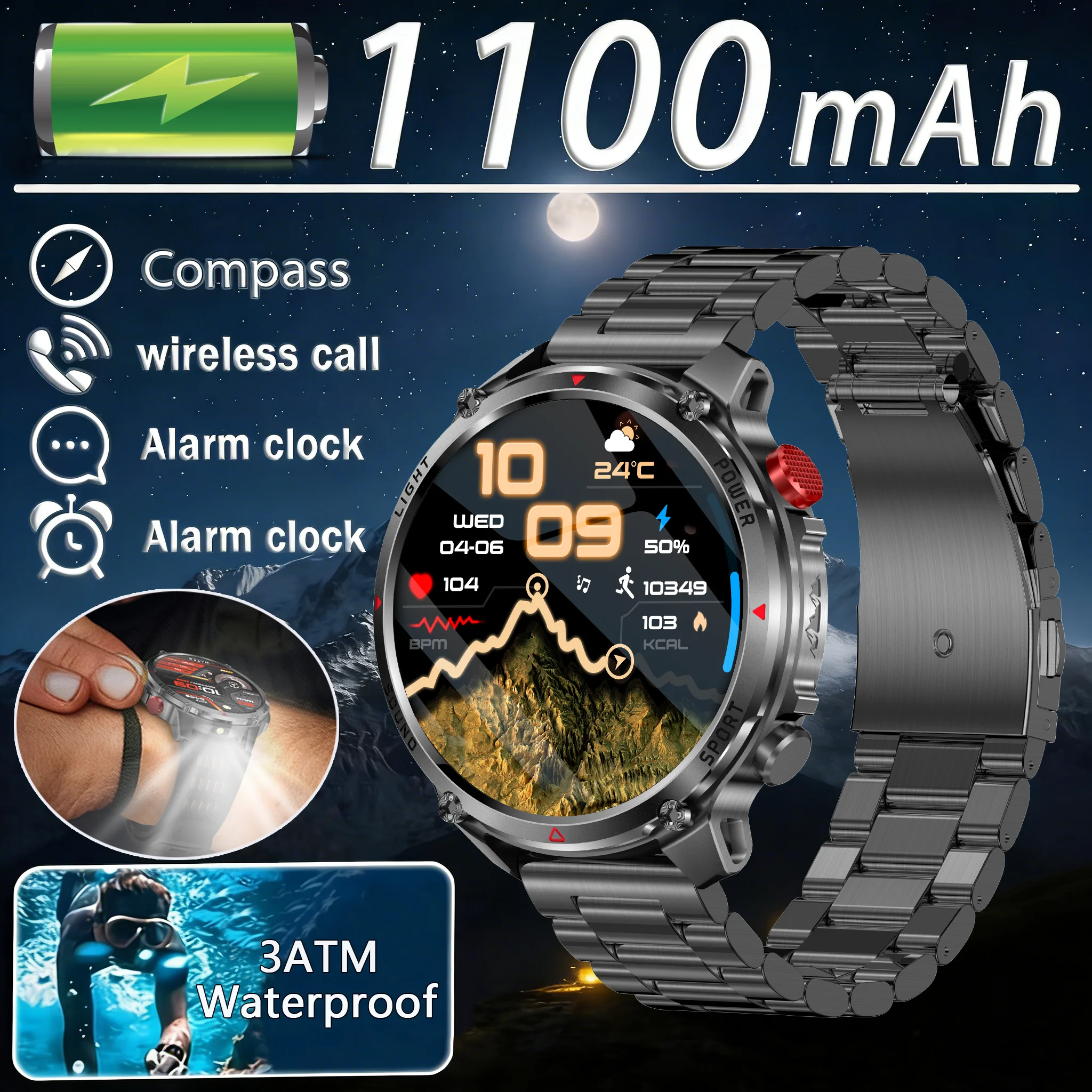 2026 nieuwe Smartwatch 1100mAh Batterij 1.7 Inch AMOLED Scherm Herenhorloge Kompas 3ATM Waterdicht Bluetooth Oproepen Sport Smartwatch
