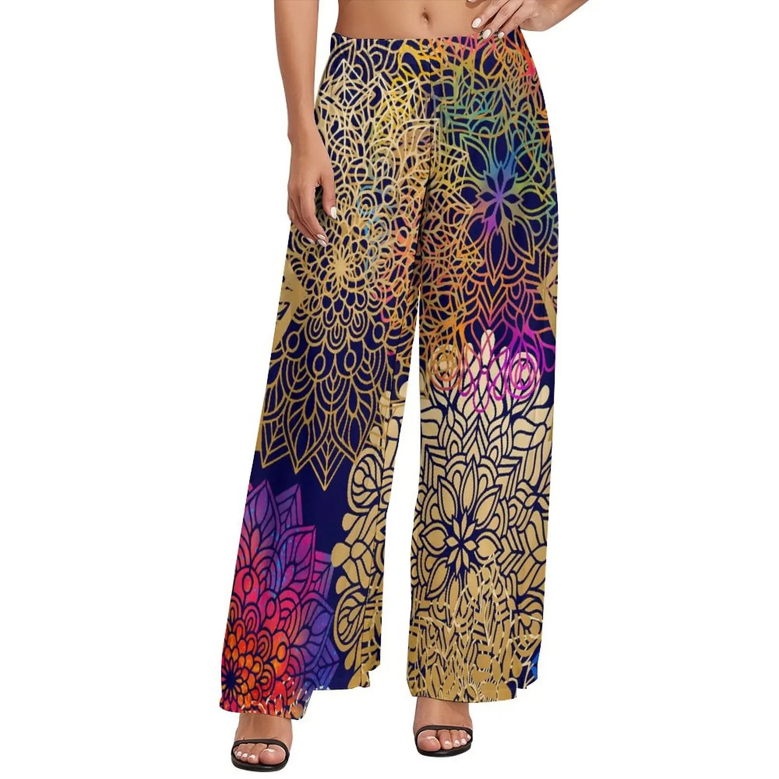 

Gold Vintage Ethnic Straight Pants Mandala Print Sexy Wide Leg Pants Women Oversized Aesthetic Printed Trousers