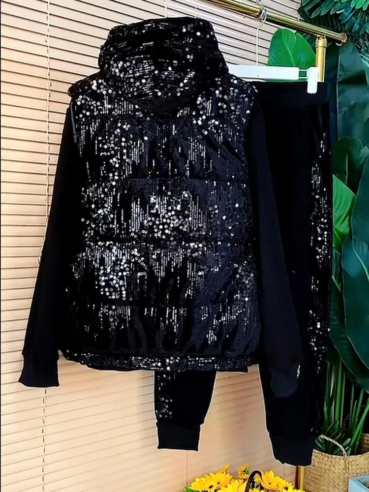 European Winter Large Size Women Fashion Beaded Sequin Sweatshirt Pants Plush Vest Three-piece Sets Heavy Industry Hooded Tops