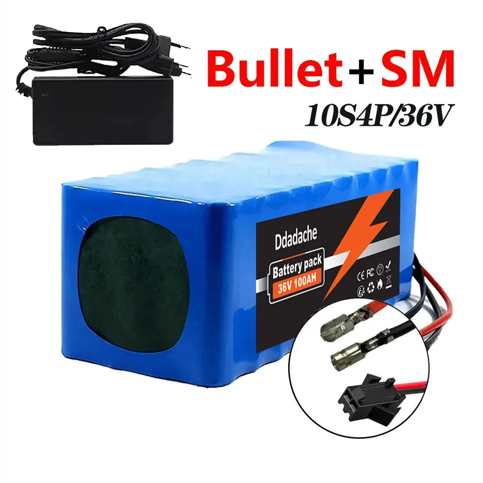 10S4P 100Ah lithiumbatterij, 36V grote capaciteit, gebruikt voor fietsen en elektrische scooters, inclusief BMS XT60-aansluiting en oplader