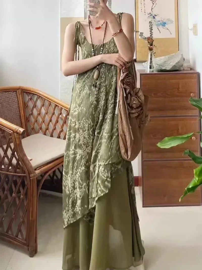 

MAGOGO Large Size New Chinese Retro Printed Sling Dress Women Summer Mori Girls Holiday Style Elegant Irregular Long Dresses