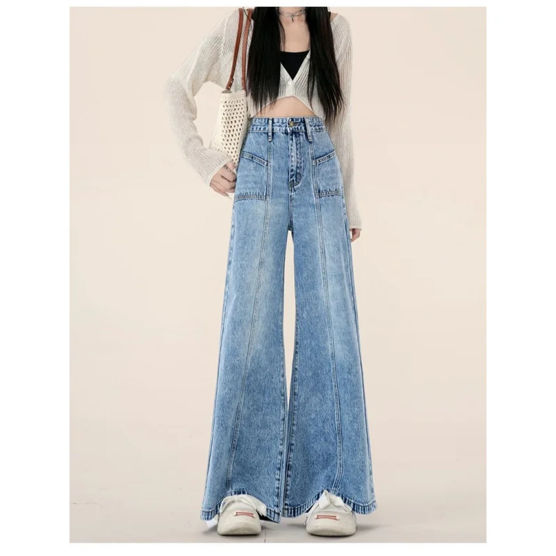 

Light blue ripped and split denim jeans for women, blue straight-leg washed loose wide-leg slightly flared European and American