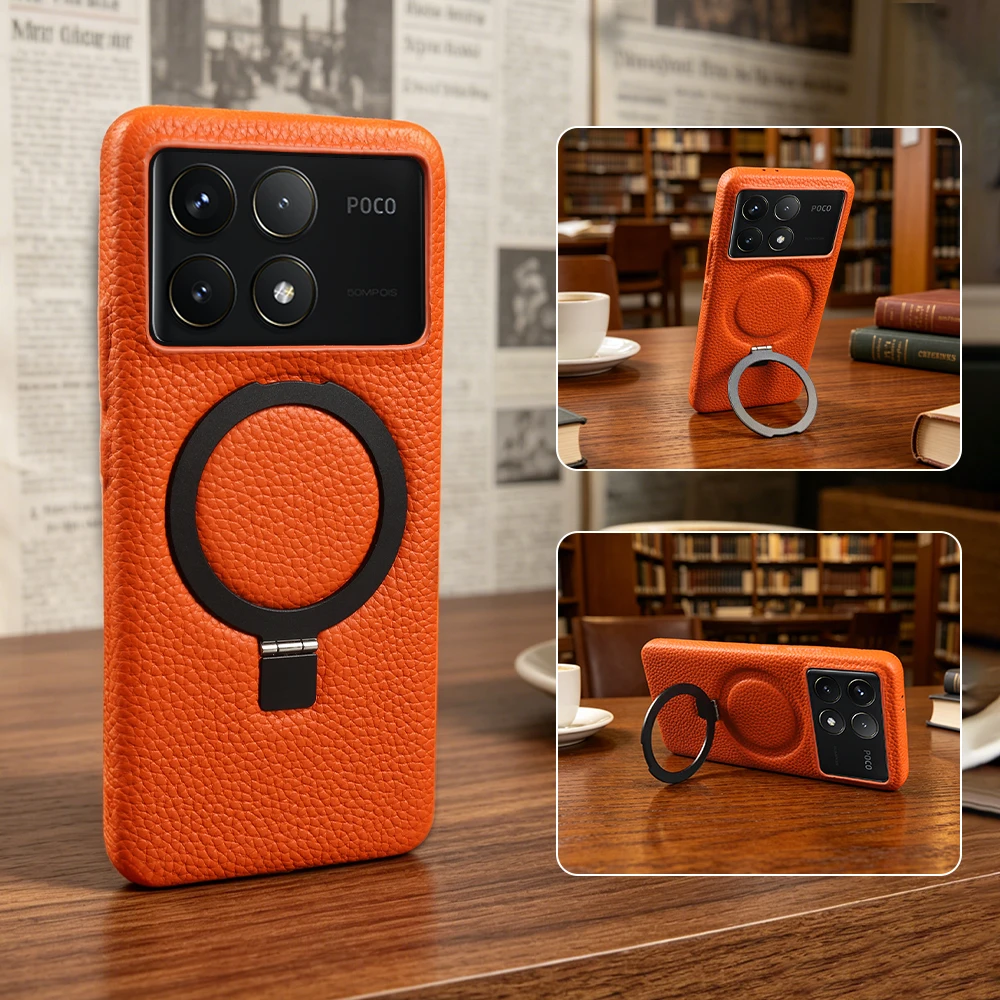 

Foldable Magnetic Bracket Genuine Leather Case For Xiaomi Poco X8 Pro Max Ultra Poco X3 NFC X5 X6 M4 X7 F6 Pro Phone Cases Cover