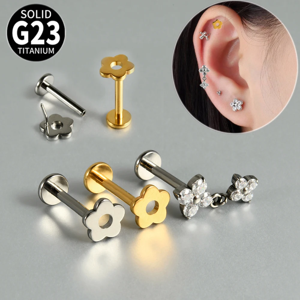 1PC G23 Titanium Square Zircon Hollow Flowers Ear Studs Push in Ear Cartilage Tragus Piercing Ear Lobe Labret Piercing Jewelry