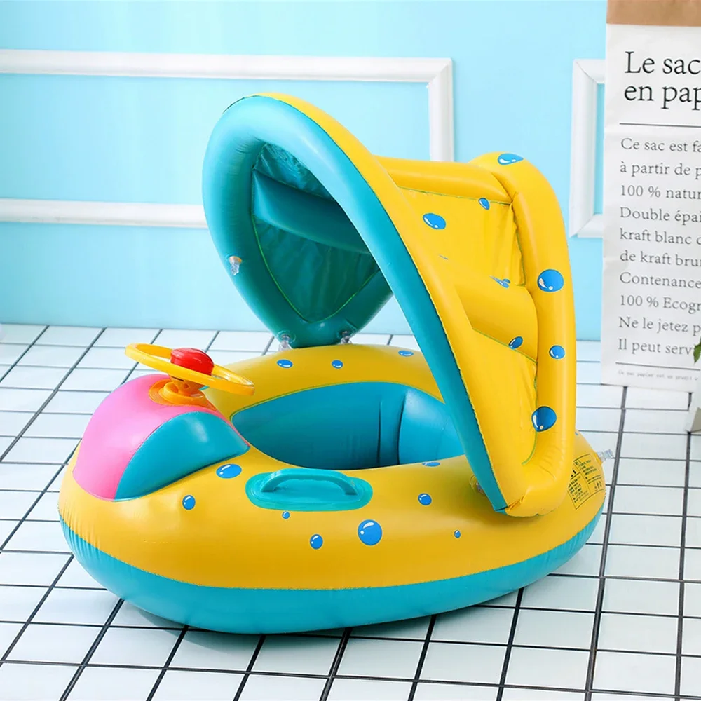 Inflatable Baby Swim Ring Seat Floating Sun Shade Toddler Swim Circle Outdoor Swimming Pool Bathtub Beach Party Summer Water Toy