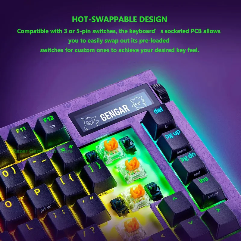 Razer Pokemon Gengar Edition BlackWidow V4 Pro 75%, teclado inalámbrico para juegos intercambiable en caliente, pantalla OLED con Dial de comando Razer