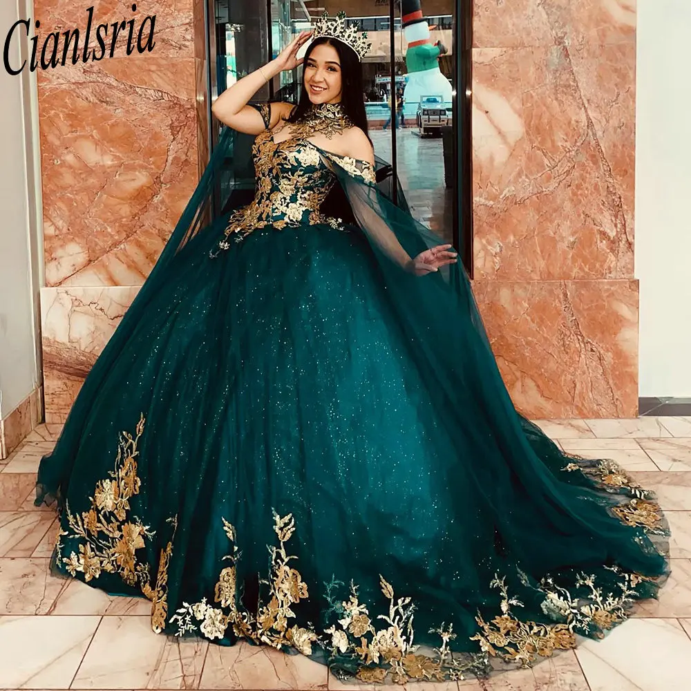 Vestido De baile De quinceañera con cintas De cristal, verde esmeralda, apliques dorados, corsé De encaje, 15 Años