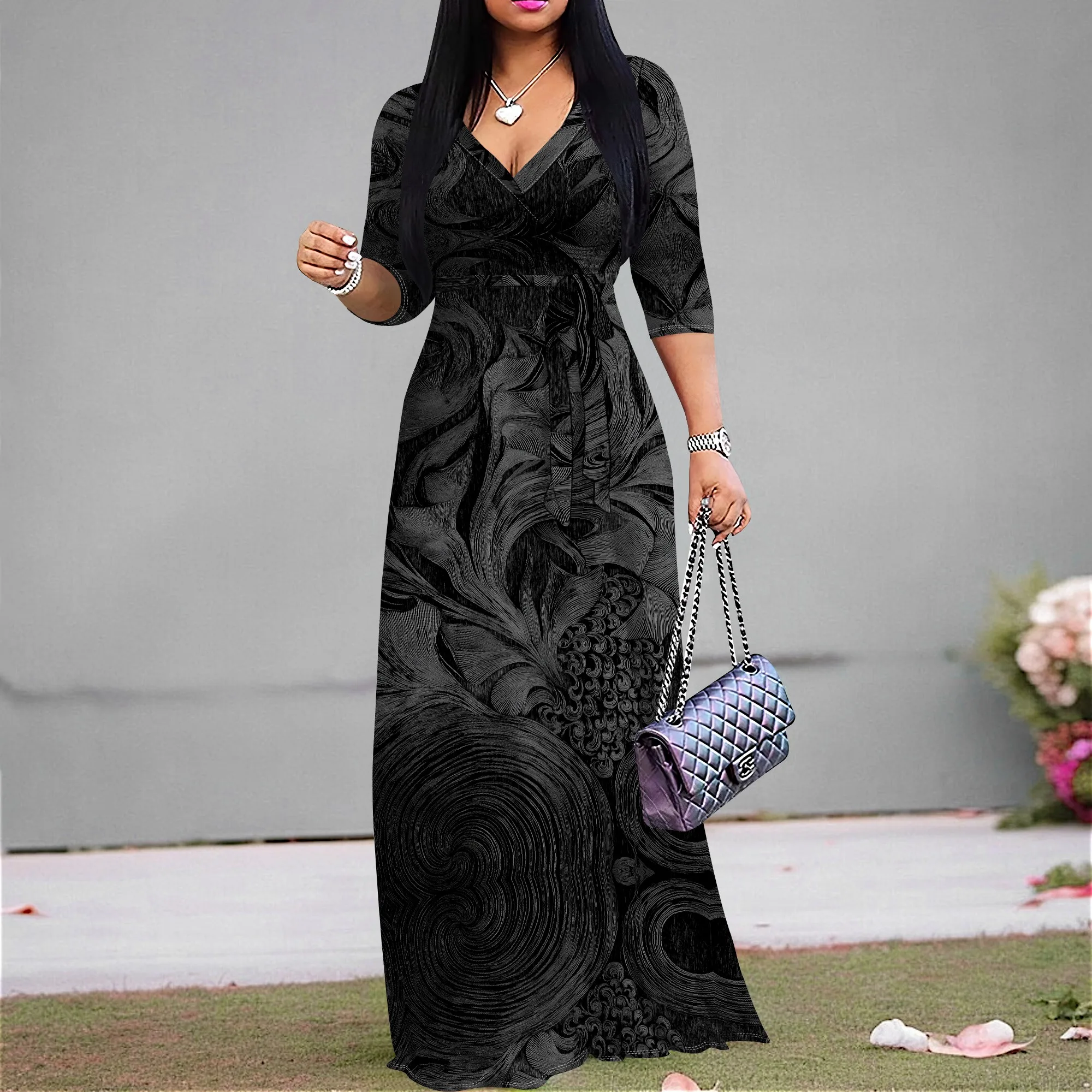 

Black and White Abstract Print Maxi Dress S-3XL V-Neck Belted Style for Art Show, Evening Gala or Fashion Event