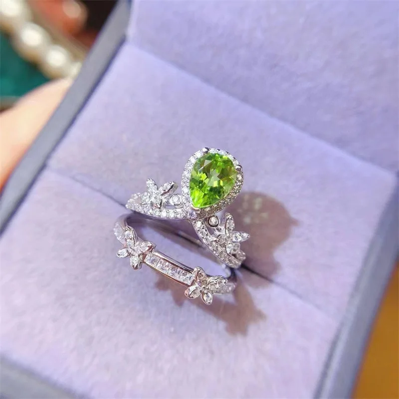 Natural Genuine Peridot Ring 925 Sterling Silver Wedding Ring for Women Two-wear Style Ring Jewelry Lady Gift with Certificate