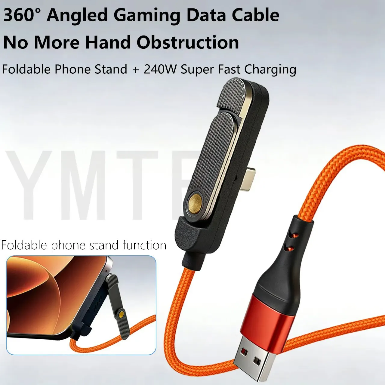 60W Nylon Braided Charging Cable with Foldable Phone Holder, USB A & Type C Input to Type C, Orange Wear-resistant Fast Charger