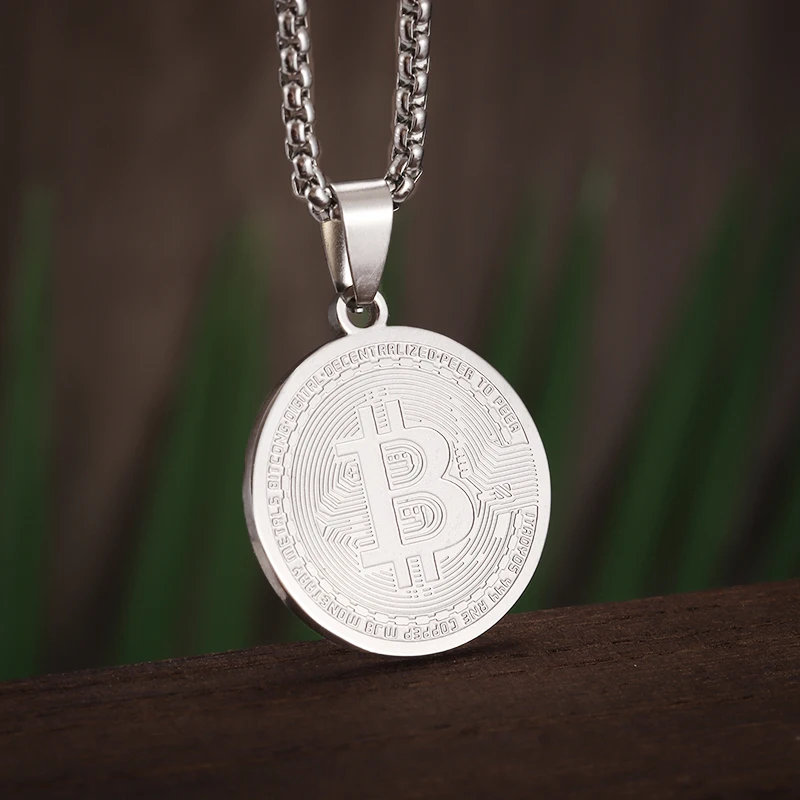 Stainless Steel Exquisite Bitcoin Coin Pendant Collection Art Necklace for Men Women Fashion Charm Jewelry Birthday Gift