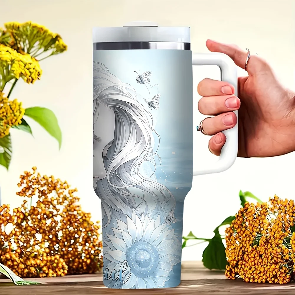 This 40oz Tumbler with Handle Features Elegant Floral Lady and Butterfly Print, Suitable for Women Daily Use, Holds Both Hot and Cold Drinks, Ideal for Outdoor Travel, Picnic and Camping Activities.