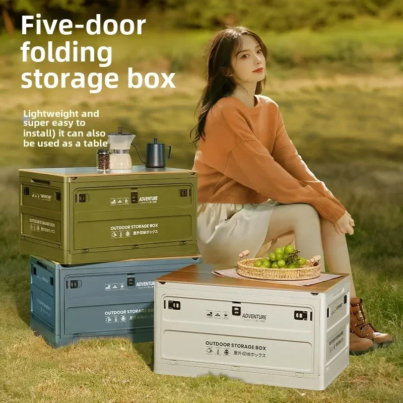 

Folding Storage Box Car Camping Stash Household Box with Wooden Lid Toys and Clothes Organizer Five-door Storage Boxes