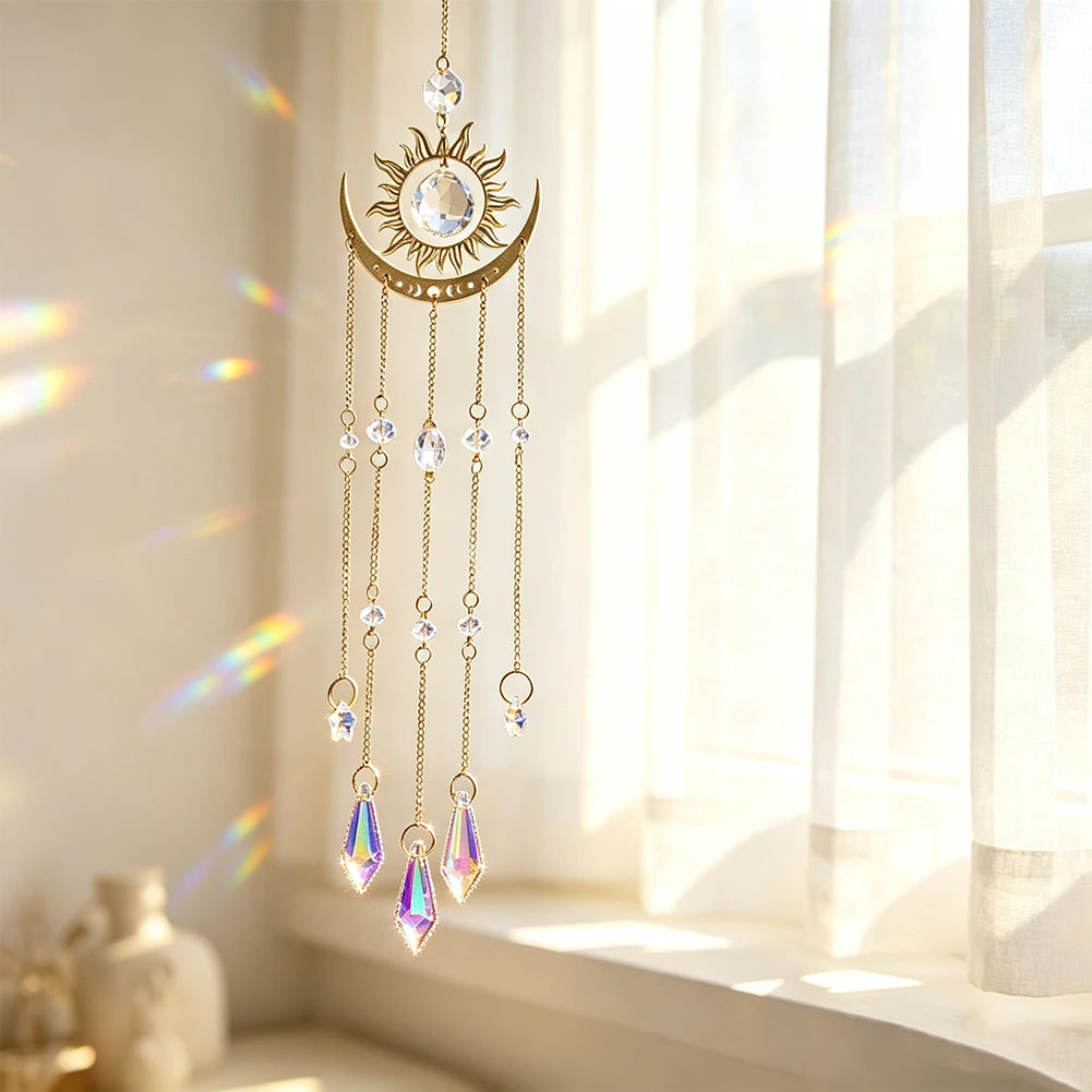 Klarer Kristall Sonne Mond Stern Sonnenfänger Prisma Hängendes Ornament Glücksbringer Feng Shui Fenster Heim Veranda Wanddekoration Regenbogenprojektion – Detail 3
