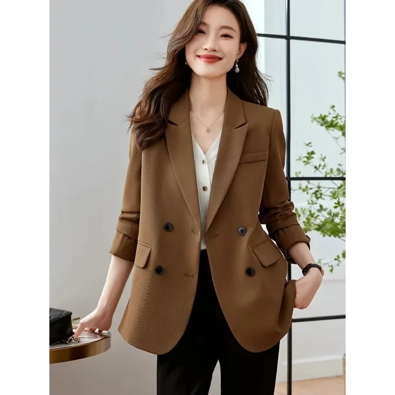 Jaket kopi hitam kasual, mantel Blazer lengan panjang kancing dua baris longgar untuk musim gugur dan musim dingin