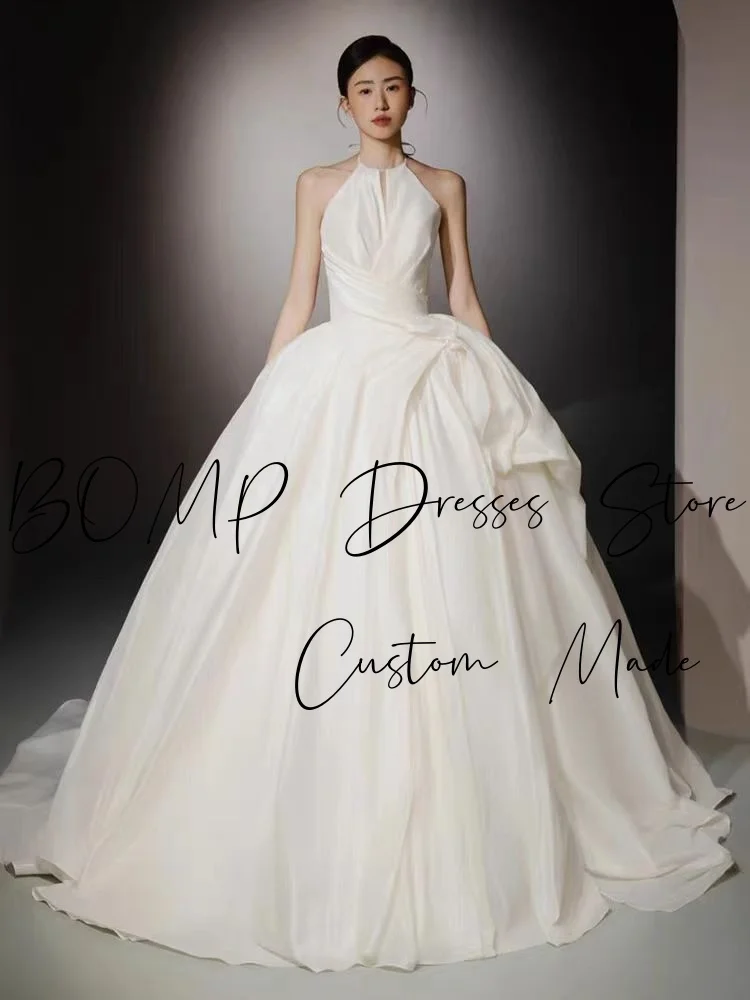 BOMP クラシックウェディングドレス ホルタープリーツ Aライン フロアレングス アイボリー オーガンザ 韓国写真撮影 ブライダルレセプションドレス カスタム エレガント