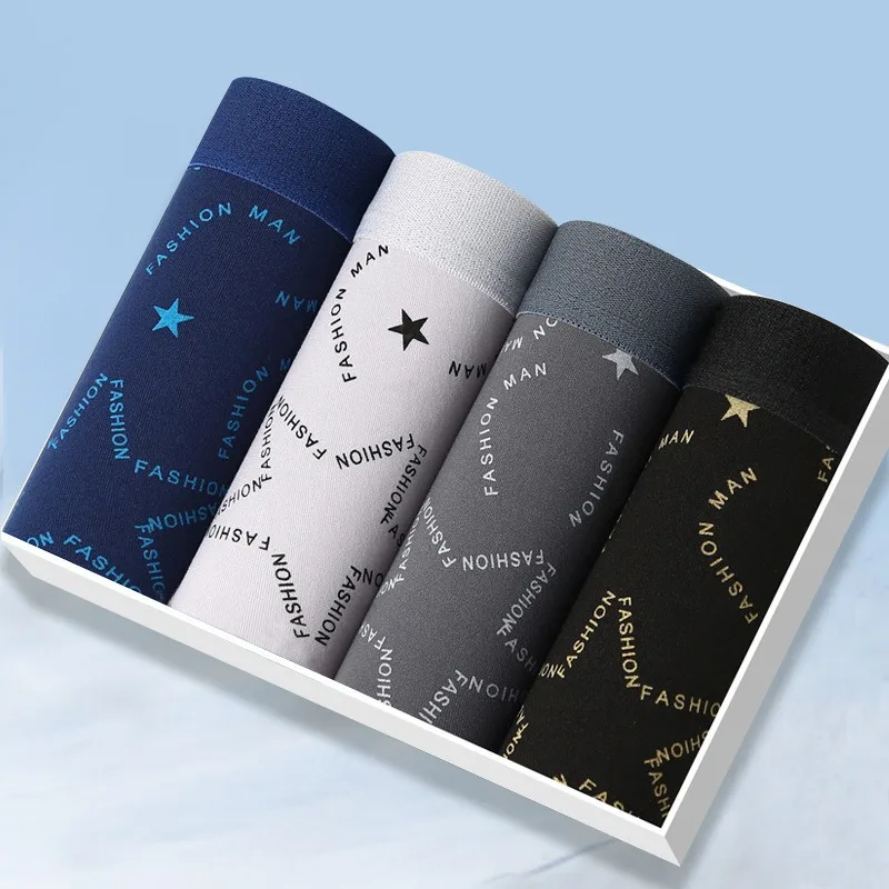 

4PCS Men's Underwear Men's Boxers Youth Large Size Loose and Breathable Comfortable Pants Simple Boxer Underpants Head Tide