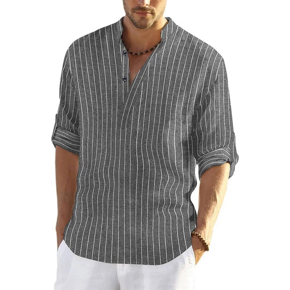 Mens Retro Collarless Grandad Striped Shirts Tops Causal Hippy Button Loose Tee Blouse