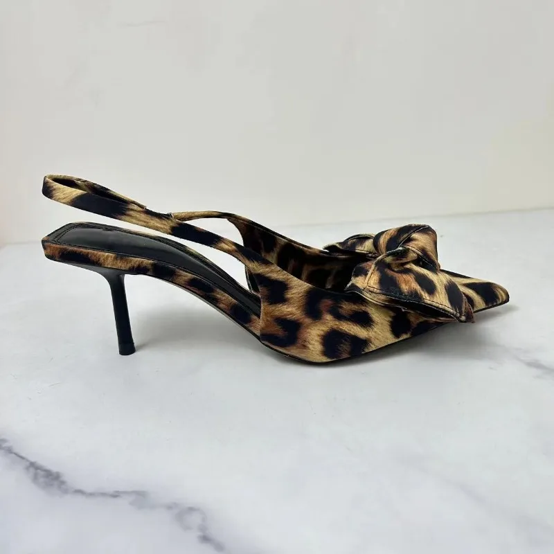 Big Bow Shallow High Heels Sandals for Lady Fashion Pointed Sexy Stiletto Leopard Print Summer Retro Party Luxury Shoes Woman