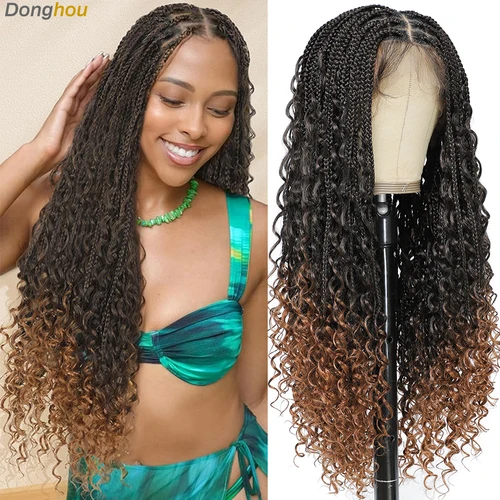 Imagen 1 del producto Ombre Boho Pelucas trenzadas sin nudos para mujeres negras 1B T30 colores Bohemian Box Trenzas Pelucas Perruques Tresses Africaines Naturelles