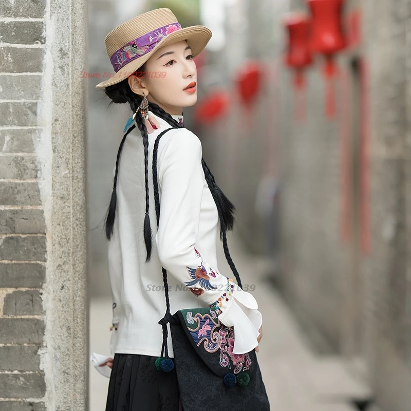 2025 chinese traditional t-shirt national flower embroidery shirt vintage hanfu tops ethnic streetwear stand collar base shirt