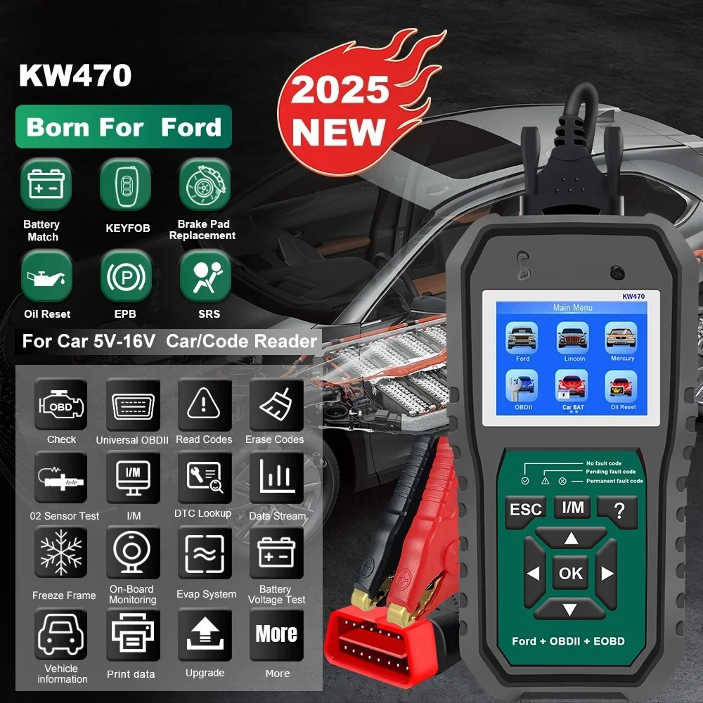 

2025 NEW KW470 OBD2 Scanner Full OBD2 Functions ABS SRS Scan Tool with Active Test 3 Service Oil/SAS/BMS Reset Tool