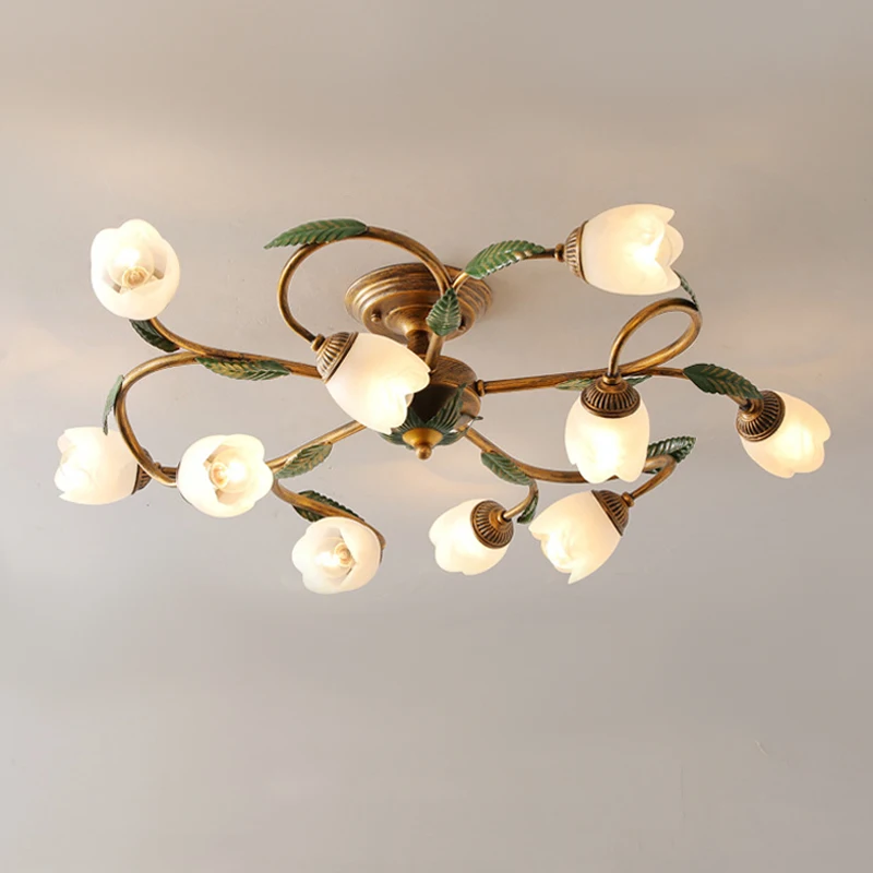 

French Romantic Country Flower Bedroom 10 Head White Ceiling Light American Vintage Glass Villa Living Room Corridor Led Lights