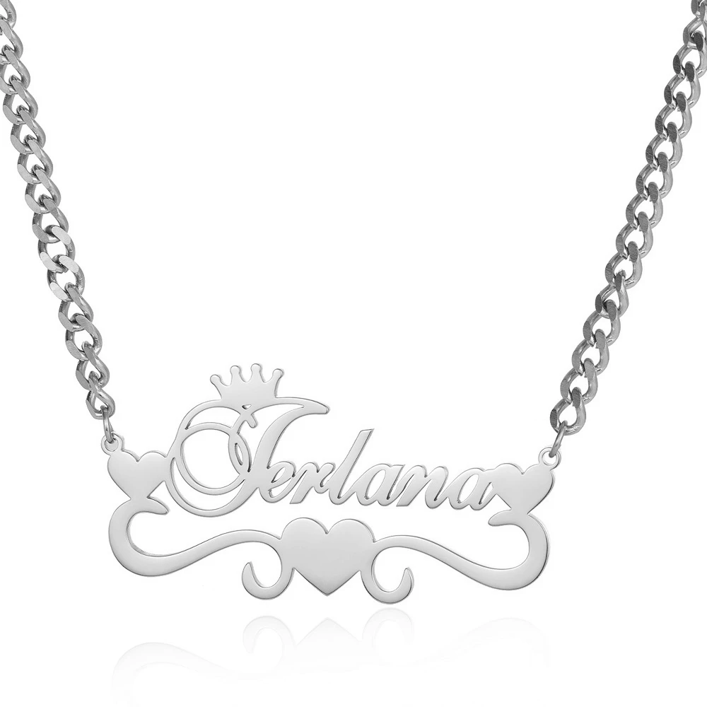 Custom Gold Color Crown Name Necklace Women Girl Jewelry Stainless Steel Cuban Chain Heart Ribbon Nameplate Pendant Necklace