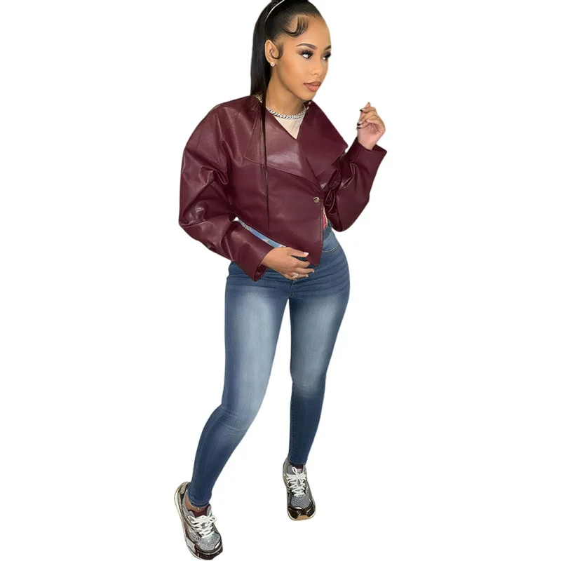 2025 Summer New Women's Clothing Personalized Fashion Waist Open Navel PU Leather Solid Color Casual Jacket Women's