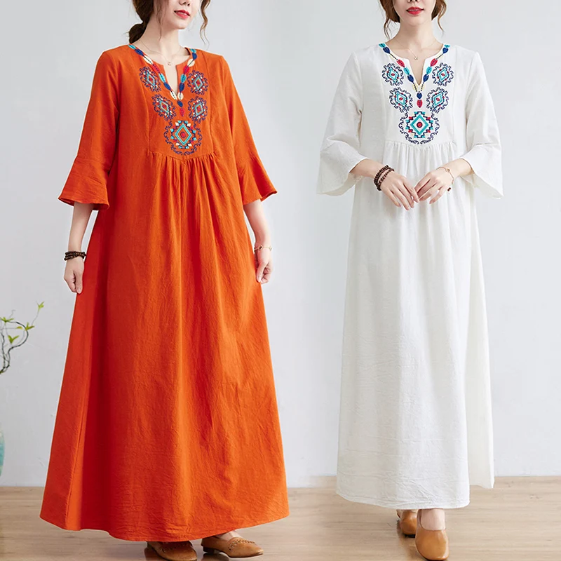 자수 패치워크 A라인 드레스 벨 슬리브와 작은 V넥 루즈핏 허리라인을 가려주는 에이지리스 롱 스커트