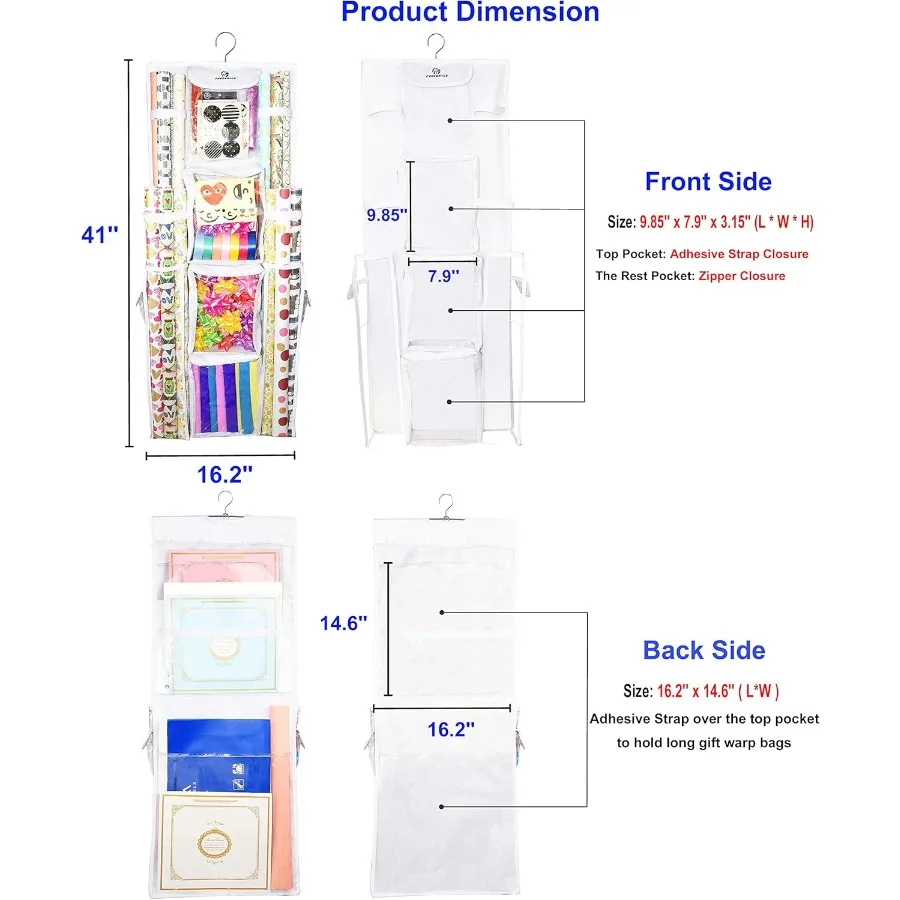 منظم تغليف الهدايا المعلق على الوجهين لتخزين لفات ورق التغليف الكبيرة مقاس 16 × 41 ومقاوم للتمزق وموفر للمساحة #2