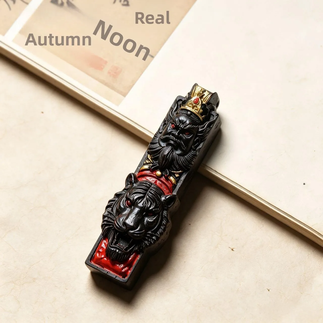 Natural Lightning Struck Ebony Gilt Cinnabar Zhong Kui Double Sided Long Pendant Chinese Feng Shui Lucky Charm Wealth Protection